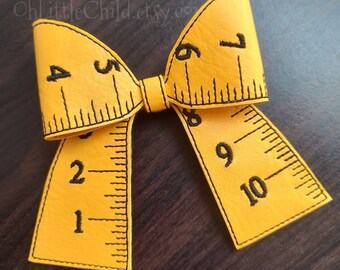 Back to school hair bow cheer bow hair clip embroidered school supply yellow ruler measuring tape