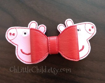 Pink Peppa pig inspired hair clip  embroidered hair bow British pig 3d ith