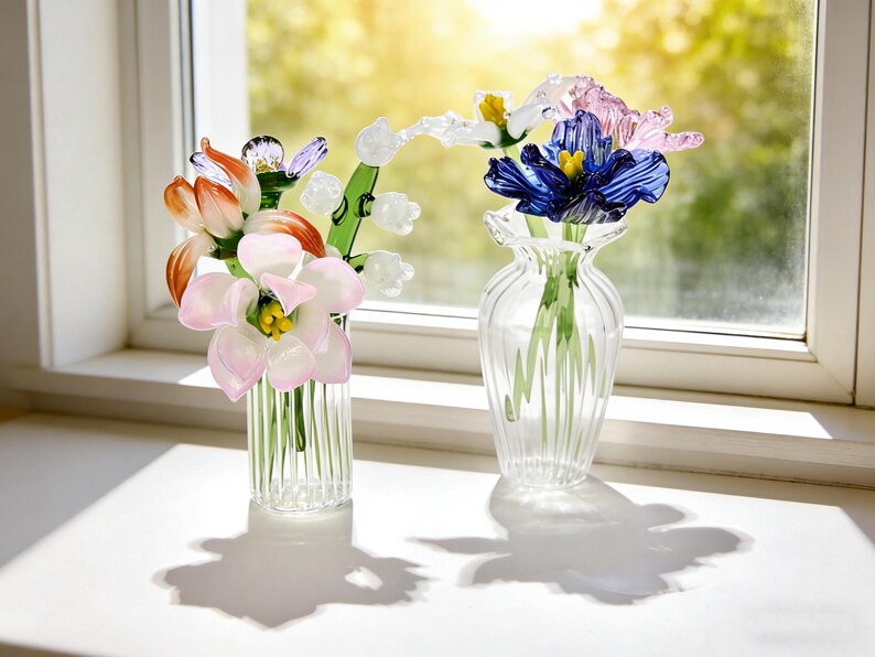 Bouquet de fleurs de naissance en verre fait main, art floral cristallin, cadeau pour elle/maman image 12