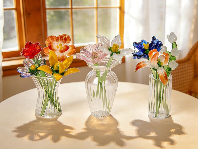 Bouquet de fleurs de naissance en verre fait main, art floral cristallin, cadeau pour elle/maman image 2