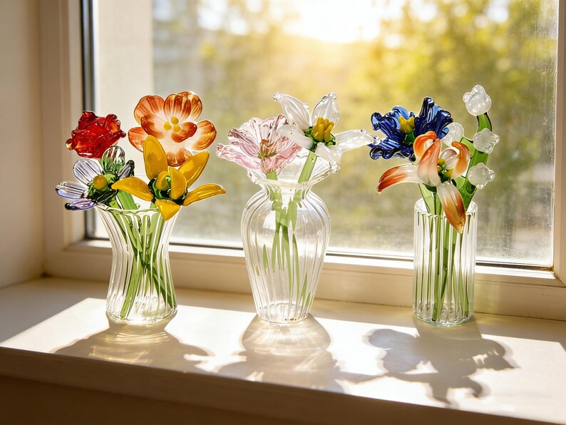 Bouquet de fleurs de naissance en verre fait main, art floral cristallin, cadeau pour elle/maman image 6