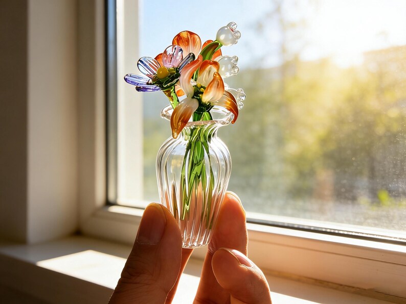 Bouquet de fleurs de naissance en verre fait main, art floral cristallin, cadeau pour elle/maman image 5