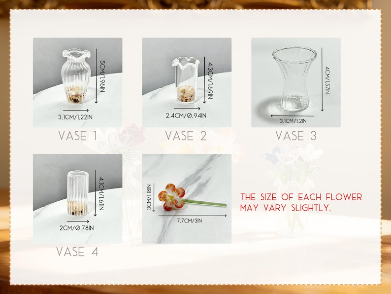 Peut inclure: Image de quatre vases en verre transparent de diff&eacute;rents mod&egrave;les, avec des mesures en centim&egrave;tres. Le vase 1 mesure 5 cm de haut, le vase 2 mesure 4,3 cm de haut, le vase 3 mesure 4 cm de haut et le vase 4 mesure 4,1 cm de haut. Une petite fleur est &eacute;galement montr&eacute;e. Le texte indique : "LA TAILLE DE CHAQUE FLEUR PEUT VARIER L&Eacute;G&Egrave;REMENT."