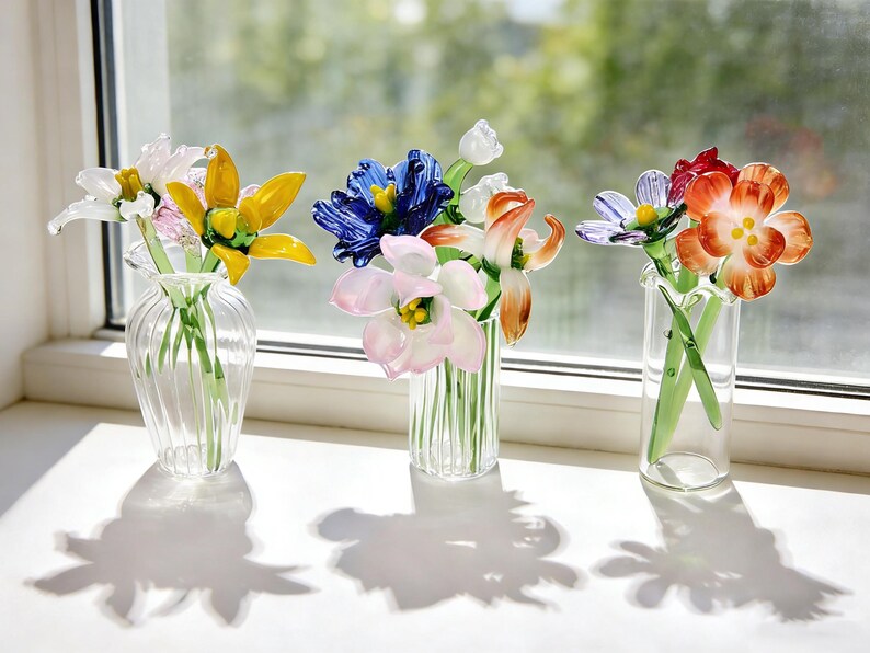 Bouquet de fleurs de naissance en verre fait main, art floral cristallin, cadeau pour elle/maman image 10