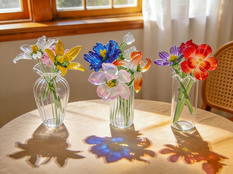 Peut inclure: Trois arrangements floraux en verre dans des vases transparents sont pos&eacute;s sur une table ronde. Les fleurs sont de couleurs vari&eacute;es, dont le jaune, le bleu, l'orange, le rouge et le violet. Les vases sont transparents et ont un dessus &agrave; volants. La table est de couleur claire, et l'arri&egrave;re-plan comprend une fen&ecirc;tre et une chaise.