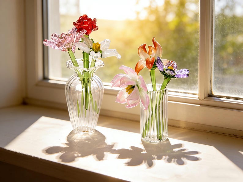 Bouquet de fleurs de naissance en verre fait main, art floral cristallin, cadeau pour elle/maman image 4