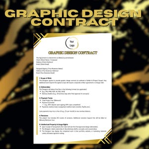 Op de afbeelding: Een grafisch ontwerpcontract met de titel "GRAPHIC DESIGN CONTRACT" in gouden letters. Het document bevat secties over de scope van het werk, deliverables, betalingsvoorwaarden, revisies en intellectuele eigendomsrechten. Een logo-placeholder staat bovenaan.