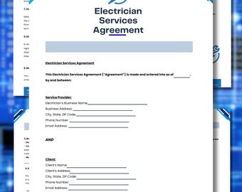 Contrato eléctrico, plantilla de presupuesto, contrato de servicios de electricista, propuesta, archivo PDF imprimible, archivo Canva, contrato editable, digital