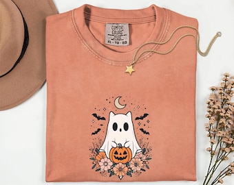 Cute Ghost with Pumpkin and Flowers Shirt, Spooky Season Comfort Colors® Halloween Tee, Vintage Aesthetic Fall Graphic Shirt, Ghost T-Shirt