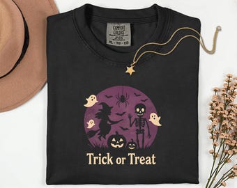 Halloween Trick or Treat T-Shirt, Spooky Witch, Skeleton & Pumpkin Tee, Cute Scary Ghost Bat Spider Shirt, Vintage Halloween Graphic Tee
