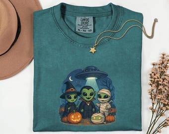 Bonita camiseta de Halloween con extraterrestre, camiseta de momia bruja vampiro ovni, camiseta de Halloween espacial espeluznante, camiseta con estampado de calabaza de truco o trato, colores cómodos