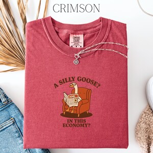 Puede incluir: Camiseta de color carmes&iacute; con el texto "A silly goose? In this economy?" y un dibujo de un ganso leyendo un peri&oacute;dico. Un collar plateado con un colgante circular est&aacute; sobre la camiseta. La camiseta est&aacute; doblada sobre una superficie blanca.