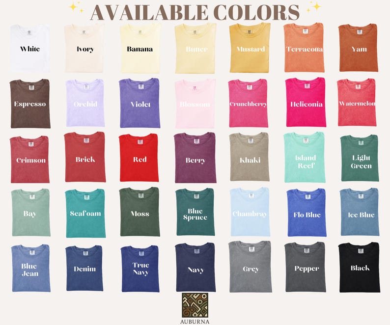 Puede incluir: Exhibici&oacute;n de camisetas en una variedad de colores, incluyendo blanco, marfil, pl&aacute;tano y mostaza. El texto "AVAILABLE COLORS" est&aacute; en la parte superior. Otros colores incluyen espresso, orqu&iacute;dea, violeta y carmes&iacute;.