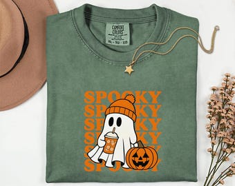 Spooky Ghost Shirt, Cute Halloween Ghost Shirt, Cute Halloween Ghost with Pumpkin & Boba Tea T-Shirt, Cozy Fall Aesthetic Graphic Tee