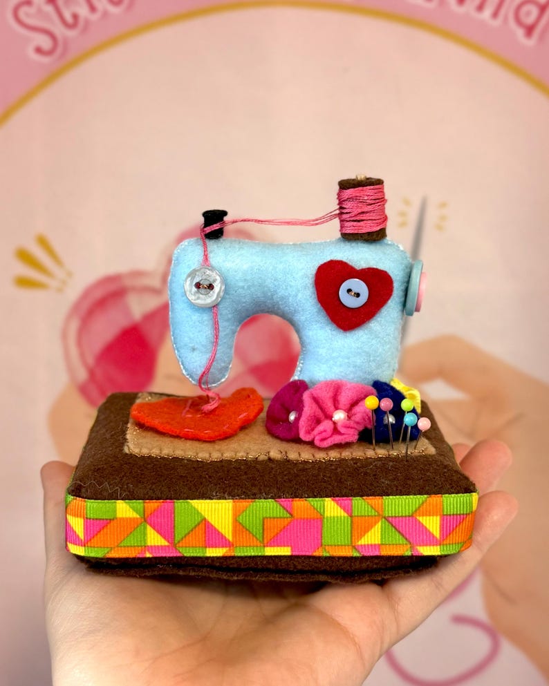 Handmade Felt Sewing Machine Pincushion - Miniature Sewing Room Decor - Gift for Seamstress or Quilter Blue