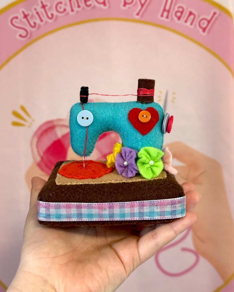 Handmade Felt Sewing Machine Pincushion - Miniature Sewing Room Decor - Gift for Seamstress or Quilter Aqua