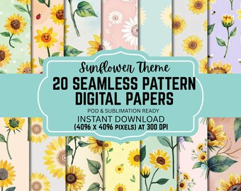 Sunflower Seamless Patterns Bundle (20) | Sunflower Digital Paper Pack | Floral Seamless Backgrounds | 12x12 300 DPI JPG | POD Sublimation