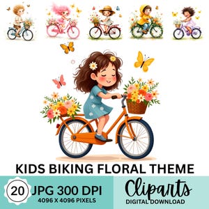 Kids Biking Floral Clipart, Bicycle Flowers, Girl and Boy Bike, Digital Download