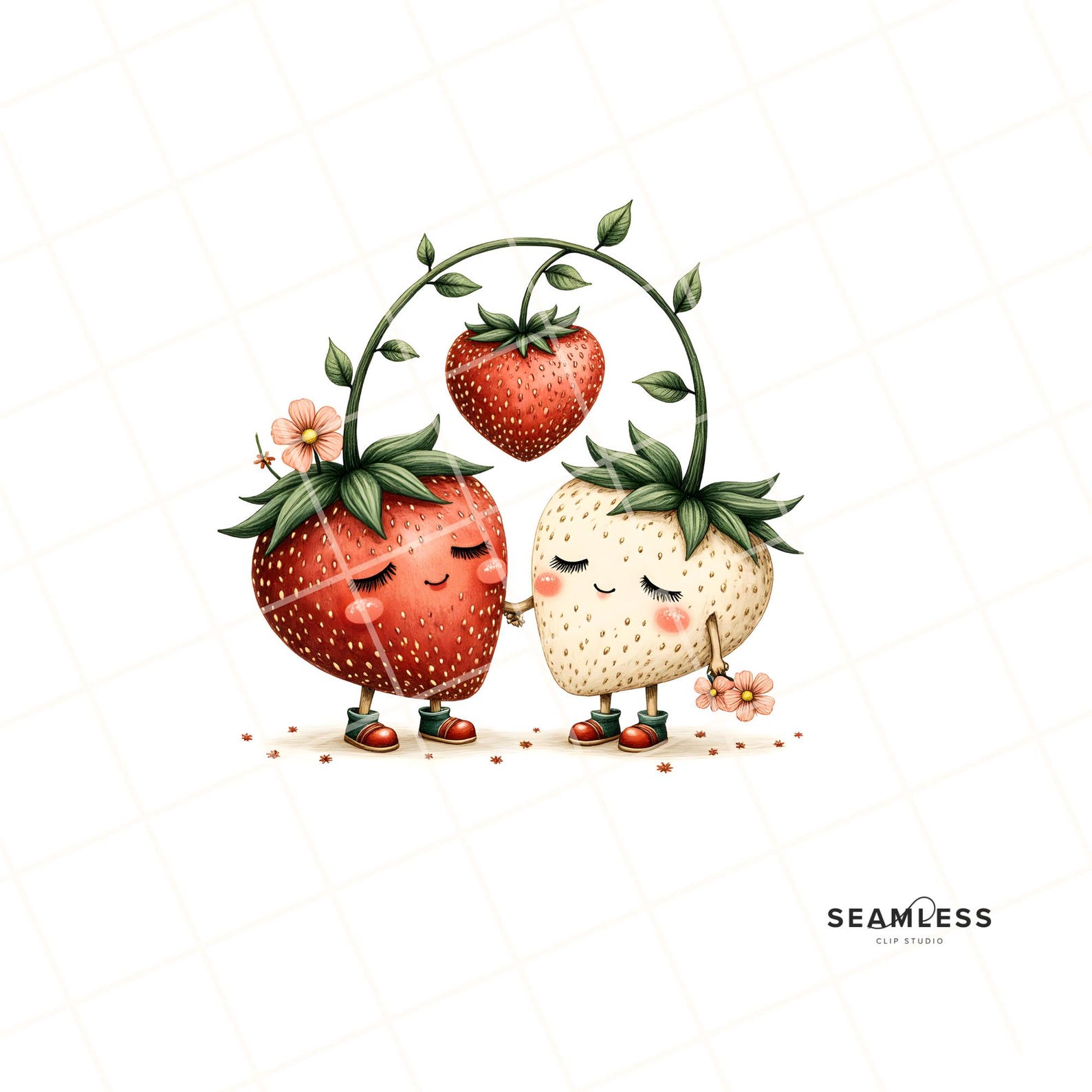 Cute Strawberry Couple Clipart | Watercolor Fruit Characters | Romantic ...