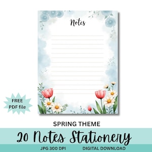 May include: A lined notepad with a spring theme. The top of the page has the word "Notes" in cursive. The notepad is decorated with watercolor flowers in pink, white, and blue. The text "20 Notes Stationery" is at the bottom.