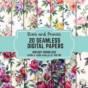 Peut inclure: Vingt papiers numériques sans couture avec des roses et des pivoines à l'aquarelle. Les motifs floraux présentent des fleurs roses, violettes et rouges avec des feuilles vertes. Le texte de l'image indique "Roses and Peonies 20 Seamless Digital Papers".