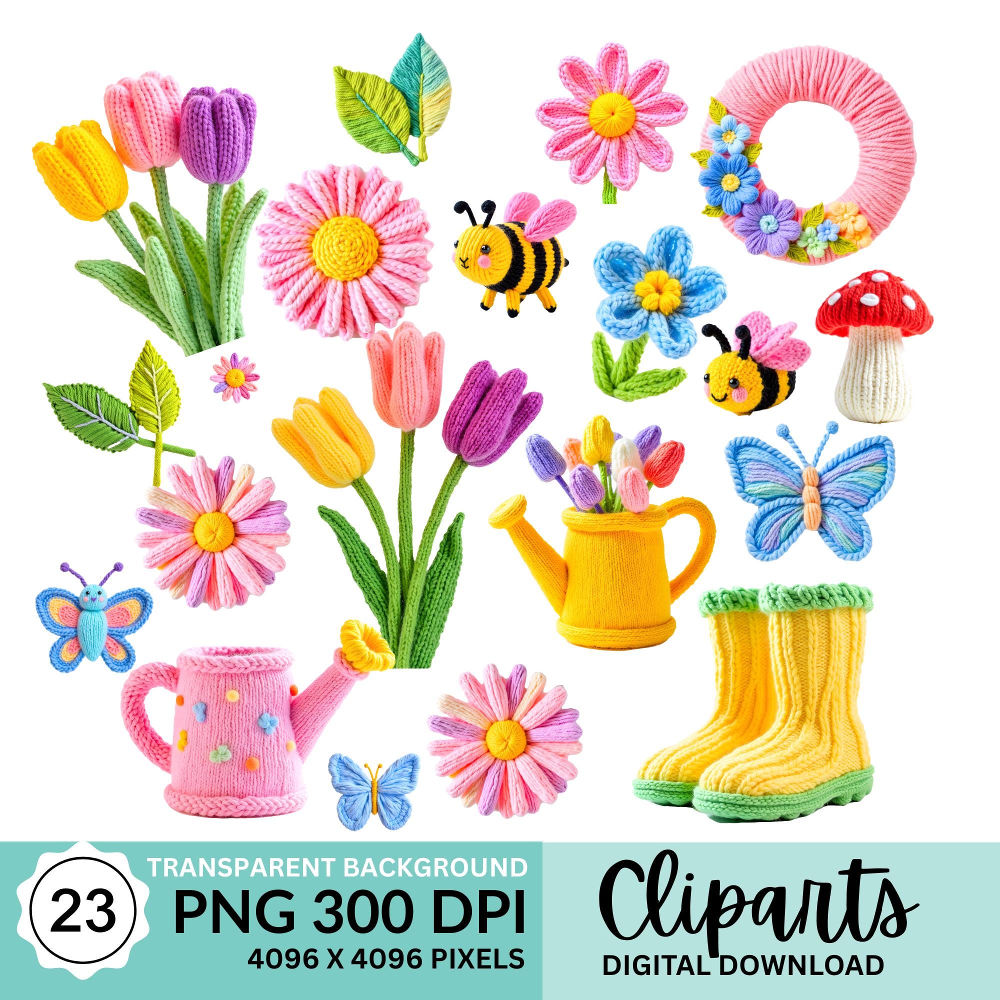 Knitted Spring Landscape Spring Knitted Clipart Bundle | 23 PNG Yarn Flowers, Bees, Tulips ...