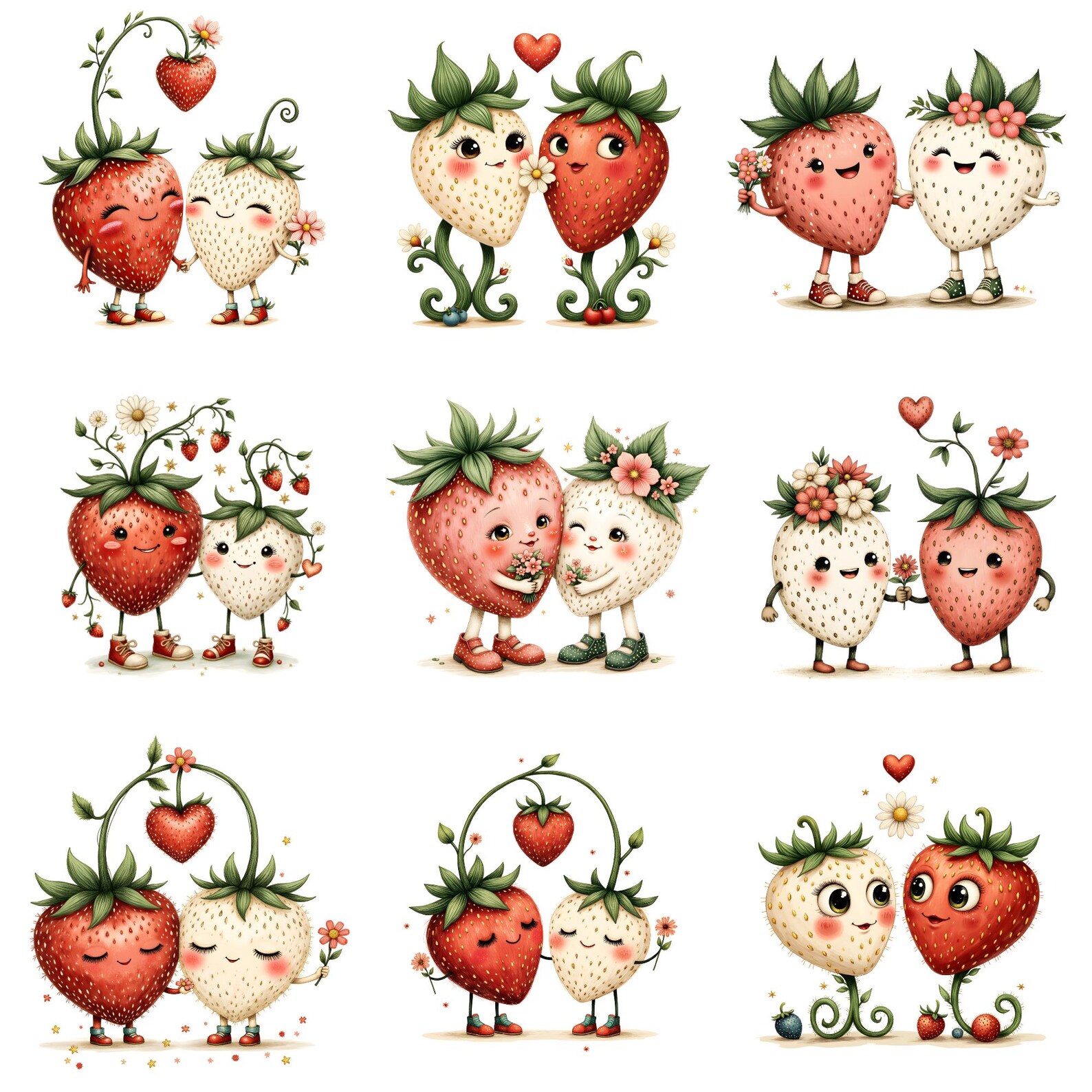 Cute Strawberry Couple Clipart | Watercolor Fruit Characters | Romantic ...