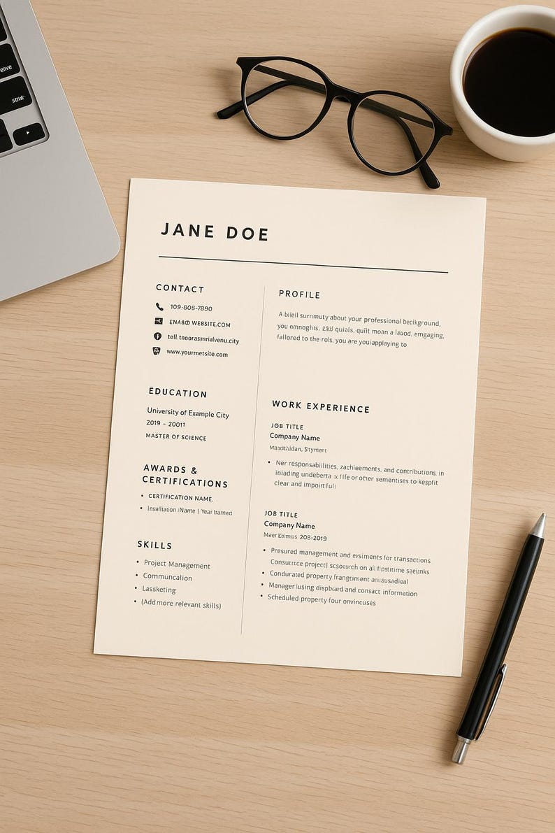 Modern Professional Resume Template for Word & Canva | Minimalist CV ...