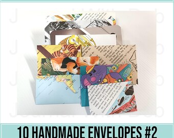 10 Mixed Book Page Envelopes #2 - Various Sizes - Handmade from book pages for Junk Journals, Collage, Ephemera, Scrapbooking