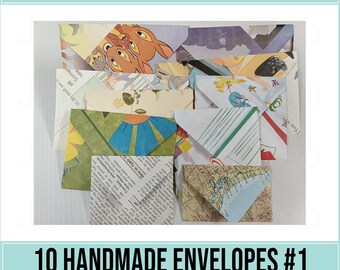 10 Mixed Book Page Envelopes #1 - Various Sizes - Handmade from book pages for Junk Journals, Collage, Ephemera, Scrapbooking