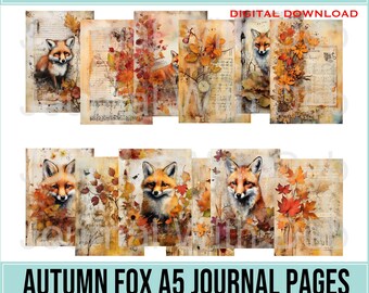 12x A5 Autumn Fox Journal Pages - Printable, PNG, Autumn leaves, Fall, Junk Journal, Distressed, 300 DPI