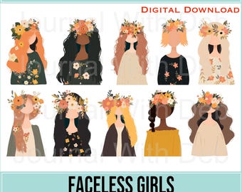 Faceless Girls Clipart: Hand Drawn Journaling Graphics (PNG, PDF)
