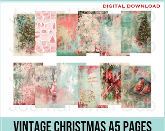 12x A5 Mixed Media Vintage Christmas Journal Pages - Printable, PNG, Junk Journal, Distressed, 300 DPI