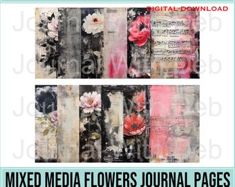 12x A5 Mixed Media Flower Journal Pages - Printable, PNG, Flowers, Floral, Junk Journal, Distressed, 300 DPI