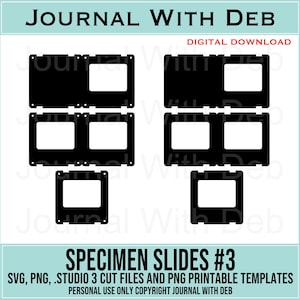 Puede incluir: Plantillas de diapositivas de especímenes negras con recortes rectangulares blancos. La imagen incluye el texto "JOURNAL WITH DEB" y "SPECIMEN SLIDES #3". Las plantillas están disponibles como descargas digitales.