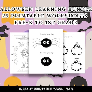 以下が含まれることがあります： ハロウィーンをテーマにした学習バンドル。未就学児から小学1年生向けの25枚の印刷可能なワークシート。ワークシートには、クモの足のトレース、紅葉の塗り絵、カボチャの感情などが含まれています。画像には「INSTANT PRINTABLE DOWNLOAD」というテキストが含まれています。