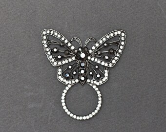 Beautiful Antique Pewter Butterfly With Crystal Rhinestones Sunglass Holder Pin with Antique Finish