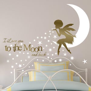 Afrikanischer Feen Wandtattoo, Afro Mädchen Wandtattoo, Kinderzimmer Dekor Feen, ich liebe dich bis zum Mond Kinderzimmer Wand Kunst Fee, Fee bläst Sterne