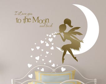 FAIRY Wall Decal, Fairy Blowing Hearts, Fairy blowing kisses, I Love You To The Moon and Back, Fairy wall sticker, Fairy Wall Decor