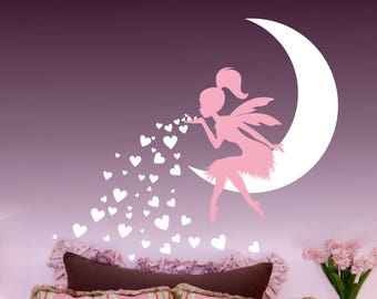 Fairy Blowing Hearts wall decal, Nursery Art Nursery Decor Fairy, Fairy Wall Decal sticker, Babys Room Fairy wall decor, girls room decor