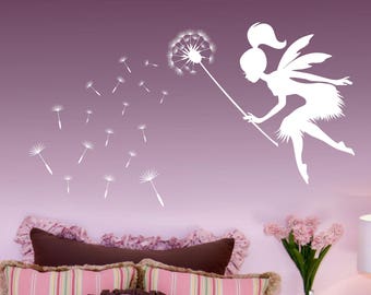 Dandelion wall decal, Fairy blowing dandelions, Dandelion seeds wall art, Kids wall mural, dandelion sticker, blowing dandelion decal decor