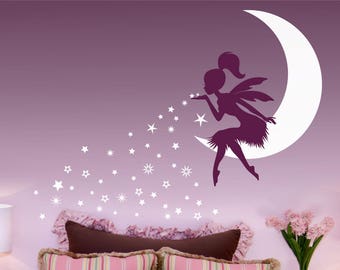 FAIRY Wall Decal, Fairy Blowing Stars wall decal, Fairy Blowing Pixie Dust, Fairy on moon, Tinkerbell wall decal, Fairy Stars wall sticker