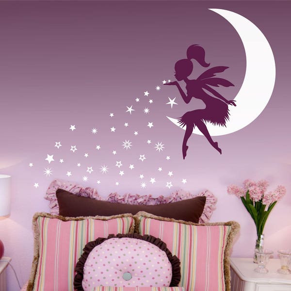 FAIRY Wall Decal, Fairy Blowing Stars wall decal, Fairy Blowing Pixie Dust, Fairy on moon, Tinkerbell wall decal, Fairy Stars wall sticker