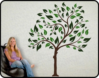 Large Tree Vinyl Wall Decal Mural with 2 color leaves - Choose Spring or Fall color scheme