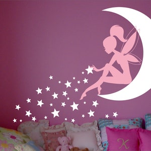 FAIRY Wall Decal, Fairy Wall decor, Wall decal Fairy, Fairy Sitting on Moon, Girls room wall decor, Stardust, Tinkerbell Wall Decal image 1