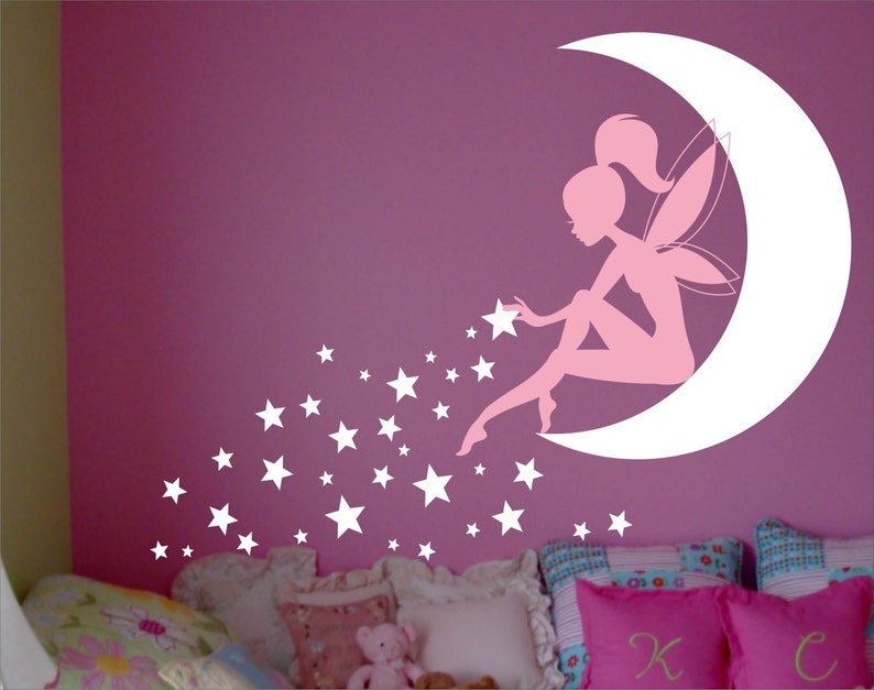 FAIRY Wall Decal, Fairy Wall decor, Wall decal Fairy, Fairy Sitting on Moon, Girls room wall decor, Stardust, Tinkerbell Wall Decal image 1