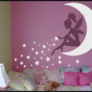 FAIRY Wall Decal, Fairy Wall decor, Wall decal Fairy, Fairy Sitting on Moon, Girls room wall decor, Stardust, Tinkerbell Wall Decal image 3