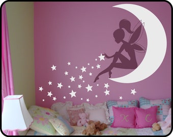 FAIRY Wall Decal, Fairy Sitting on Moon Sticker, Fairy with Pixie Dust Stars, Girls Room wall decal, Nursery wall decal, Tinkerbell decal