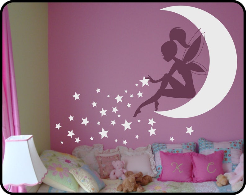 FAIRY Wall Decal, Fairy Wall decor, Wall decal Fairy, Fairy Sitting on Moon, Girls room wall decor, Stardust, Tinkerbell Wall Decal image 3