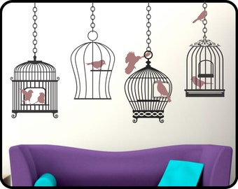 Bird Cage Wall Sticker, Hanging Bird Cage, Bird Wall Decal, Living Room Wall Decor, Bird stickers, Bedroom Wall Decal, Bird Cage Stickers